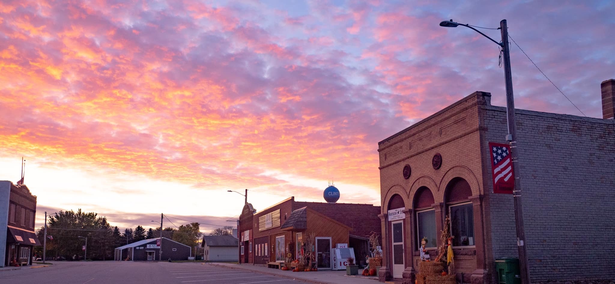 Downtown Clinton, Minnesota at sunset